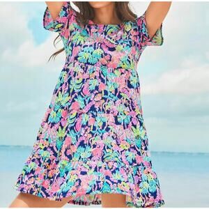 Lilly Pulitzer Jodee Dress XL Floral Swing Dress Easter Short Sleeve Palm Trees